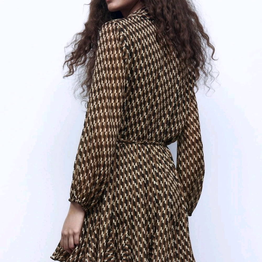 Zara Brown Geometric Long Sleeve Shirt Dress - Picture 2 of 10